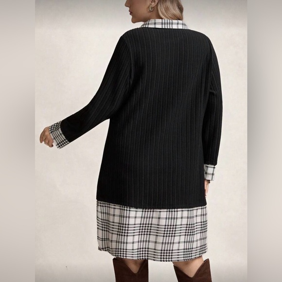 Black Long-Sleeve V-Neck Dress with Plaid Trim - Picture 2 of 8